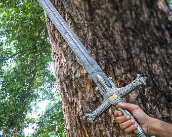Handmade Sword, Damascus Steel, King Solomon, Medieval Decor, GreatSword, Collector Gift, Groomsmen Gift, Personalized Sword