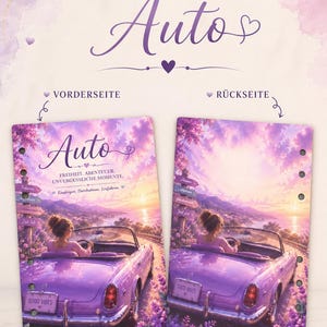Könnte beinhalten: Zwei rechteckige Dashboard-Einlagen mit einem lila Cabrio, das in einen Sonnenuntergang am Meer fährt. Die linke Einlage zeigt den Text Auto, Freiheit, Abenteuer, Unvergessliche Momente, Einsteigen, Durchatmen, Losfahren und Good Vibes.