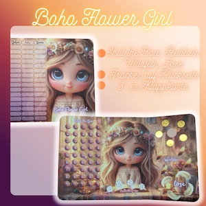 Könnte beinhalten: Ein Spielbrett mit einem Cartoon-Mädchen mit Blumenkranz, dem Text "Boho Flower Girl" und Spielanweisungen. Das Brett enthält ein "Shut the Box"-Spiel und einen Tracker. Die Farbgebung ist weich und warm.