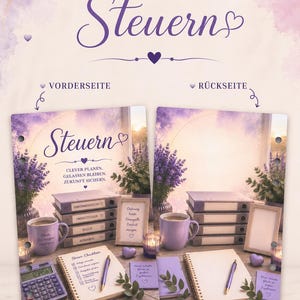 Könnte beinhalten: Ein Planer-Dashboard-Set im Lavendel- und Weiß-Design mit floralen Akzenten. Die Vorderseite zeigt einen Stapel Ordner, einen Taschenrechner, eine Tasse und eine Checkliste. Die Rückseite zeigt eine ähnliche Szene mit einem leeren Bilderrahmen.
