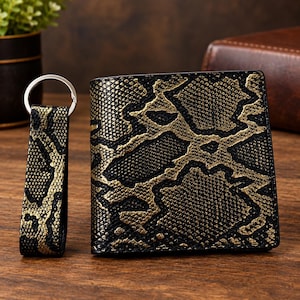 Men's Black Gold Embossed Leather Wallet Keychain Set