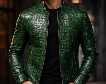 Men’s Green Crocodile Embossed Leather Jacket | Luxury Alligator Print Biker Jacket | Handmade Designer Leather Coat