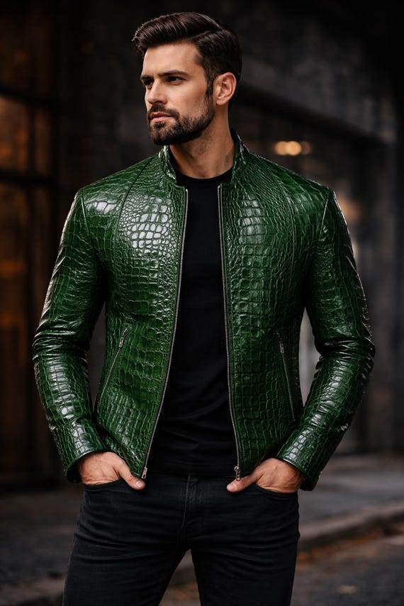Men's Green Crocodile Embossed Leather Jacket | Luxury Alligator