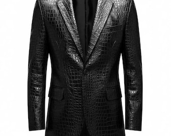 Men’s Black Crocodile-Pattern Cowhide Leather Blazer Luxury Formal Party Coat Handmade Stylish Gift