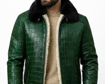 Giacca in pelle di vacchetta goffrata coccodrillo verde vintage con collo in pelliccia e fodera in montone, bomber invernale di lusso