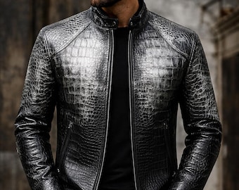 Men’s Monochrome Crocodile Embossed Leather Jacket | Black and White Handmade vintage cowhide jacket