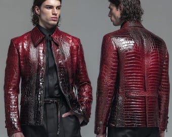 Men's Handmade Red Black Crocodile-Embossed Cowhide Leather Jacket Premium alligator print coat
