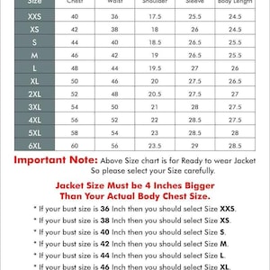 May include: A chart titled "Men's Jacket Measurements" with size, chest, waist, shoulder, sleeve, and body length measurements in inches. Includes a note about selecting a jacket size 4 inches larger than the chest size.