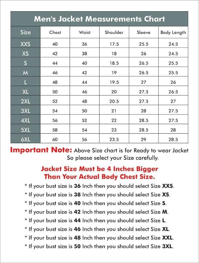 May include: A chart titled "Men's Jacket Measurements" with size, chest, waist, shoulder, sleeve, and body length measurements in inches. Includes a note about selecting a jacket size 4 inches larger than the chest size.