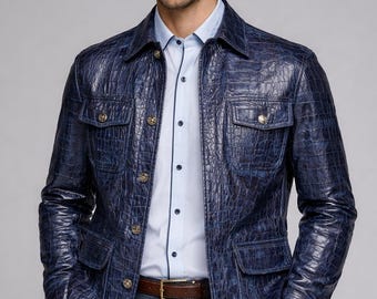 Men’s Blue Crocodile Embossed Leather Jacket – Luxury Cowhide Button Jacket | Designer Croc Pattern Coat