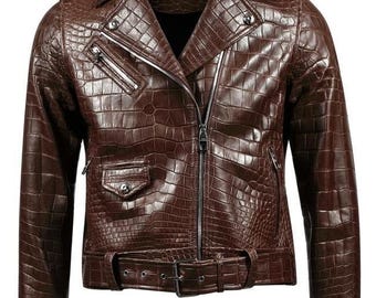 Men’s Brown Crocodile Embossed Leather Jacket | Luxury Biker Jacket | Genuine Leather Moto Jacket | Handmade Outerwear
