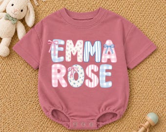 Custom Name Baby Girl Romper, Coquette Bow Patchwork Baby Outfit, Personalized Baby Shower Gift, Custom Floral Gingham Toddler Clothes