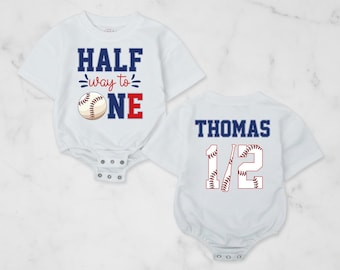 Halfway to One Baseball Romper, Custom Name 6 Month Birthday Outfit, 1/2 Birthday Bodysuit, Sport Baby Clothes, Baseball Outfit, Baby Shower
