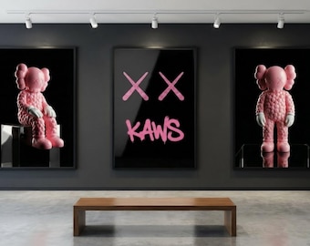 Rosa Kaws väggkonst set med 3, Hypebeast Decor, Kaws affischer, digital nedladdning