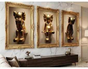 Golden Kaws Wall Art | Set of 3 Printable Kaws Posters | Hypebeast Decor | Modern Art Print |
