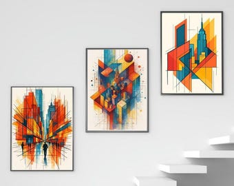 Abstract Cityscape Art Prints, Modern Geometric Illustration Set (Digital Download)