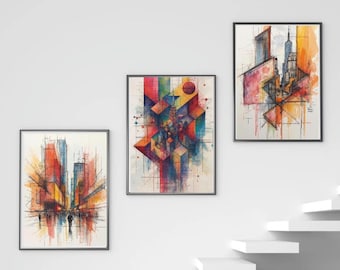 Abstract Cityscape Art Prints, Modern Geometric Architecture (Digital Download)