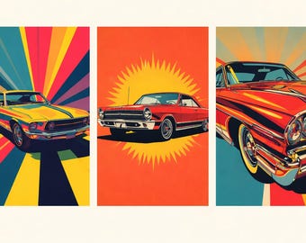 Juego de láminas de estilo retro con diseño pop art de coches clásicos: decoración vintage para garaje (descarga digital).
