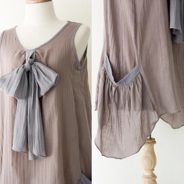 Tie Front Mini Cotton Dress in Gray