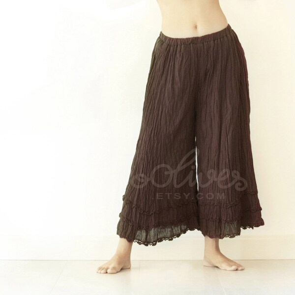 Sale 30% Off, Gypsy / Yoga / Wide Leg Fisherman Pants Crinkle Cotton in Dark Brown.