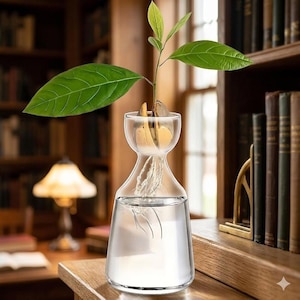 May include: A clear glass avocado growing vase with a sprouting avocado seed. The vase has a bulbous bottom and a narrower middle section, with the seed suspended in the top. The avocado plant has large green leaves and visible roots.