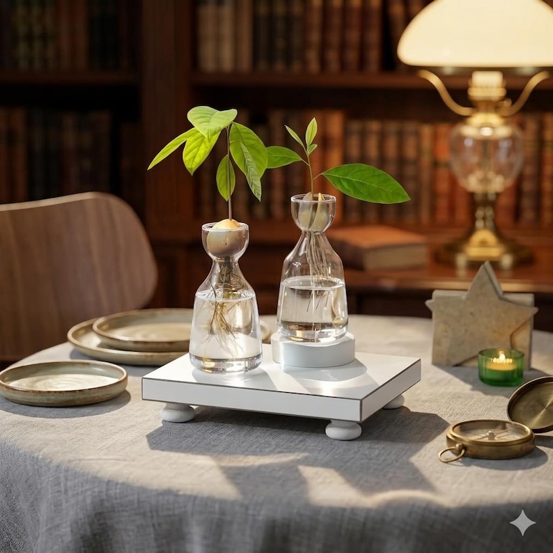 May include: Two clear glass propagation vases with avocado plants, set on a white tray with black trim. The tray sits on a gray tablecloth, with a lamp and books in the background. A small candle and compass are also on the table.