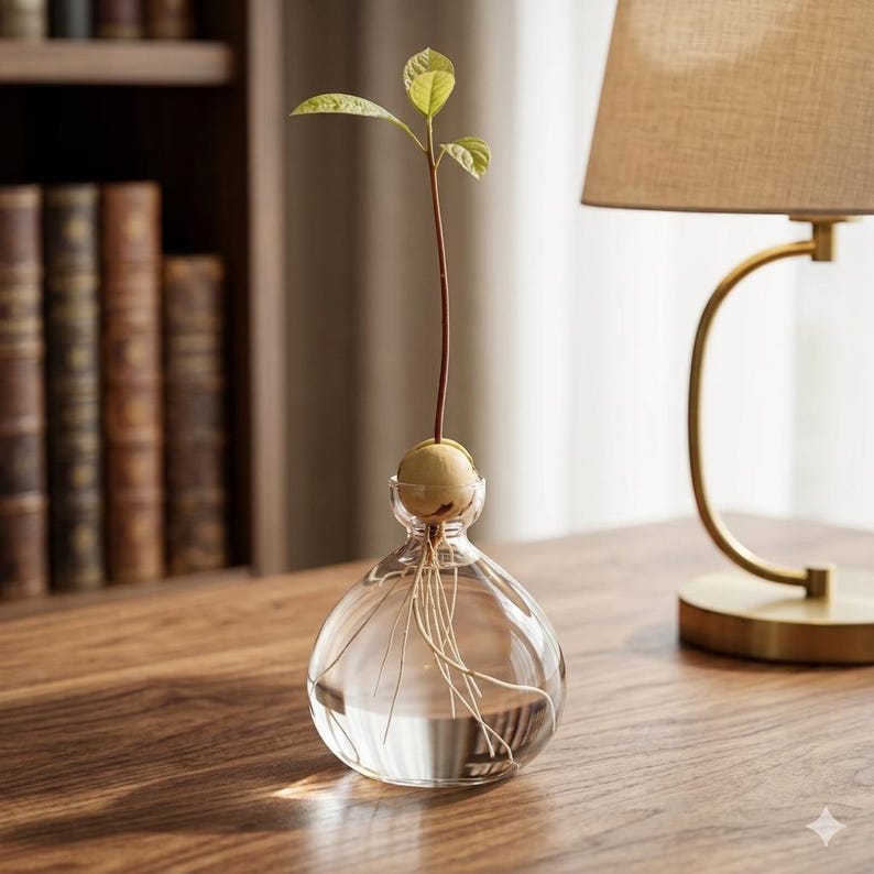 May include: A clear glass vase with a round base and a narrow neck, holding water and an avocado seed sprouting roots. A slender stem with green leaves extends upwards. The vase sits on a wooden surface, with a lamp in the background.