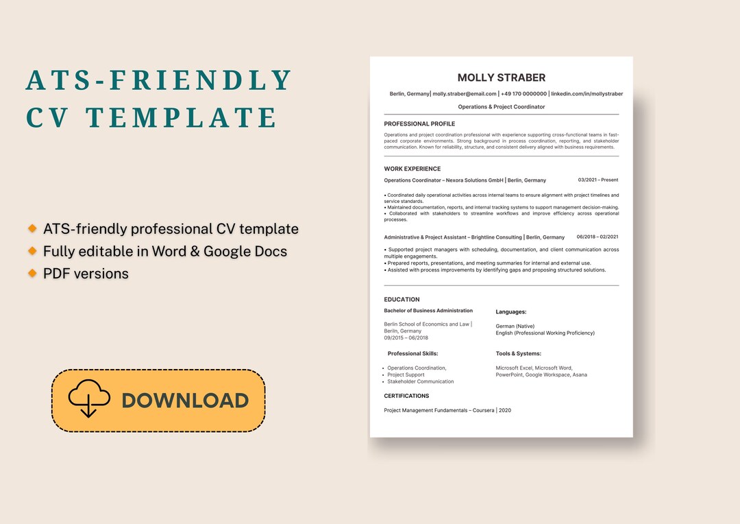 ATS Friendly CV Template | Editable Resume for Job Applications | Word ...