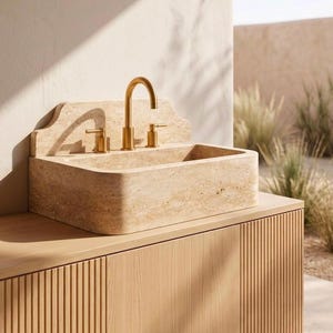 Lavabo de travertino con protector contra salpicaduras – Lavabo de tocador de piedra natural hecho a mano