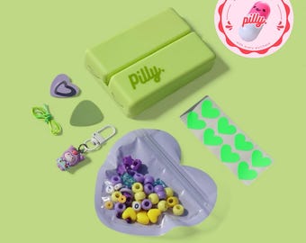 Mini Pill Box with DIY Charm and Sticker Label -Green Pill Organizer - Travel Essential