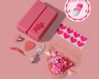 Mini Pill Box with DIY Charm and Sticker Label - Pink Pill Organizer - Travel Essential