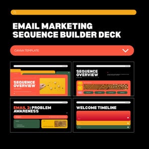 Könnte beinhalten: Eine digitale Marketing-Präsentation mit dem Titel "EMAIL MARKETING SEQUENCE BUILDER DECK". Das Deck enthält Folien mit Titeln wie "SEQUENCE OVERVIEW" und "WELCOME TIMELINE". Das Design verwendet einen schwarzen Hintergrund mit orangefarbenen, gelben und grünen Akzenten.