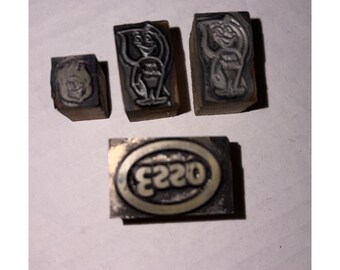 Esso Oil / Bloque de impresión tipográfica vintage - Lote de 4 - Hombre con gota de aceite feliz