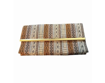 Vintage 70s Multicolored Pattern Brown  Tone Boho Fabric Clutch Handbag