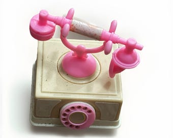 Teléfono giratorio Barbie vintage de los años 80 con anillos de cuerda, funciona, 5 cm de alto, 2 piezas.