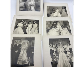 Lote de 6 fotos de boda de los años 50 en blanco y negro: vestidos de novia, moda y efímeros.