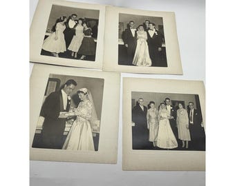 Lote de 4 fotos de boda de los años 50 en blanco y negro: vestido de novia, moda, efímeros de periódicos.