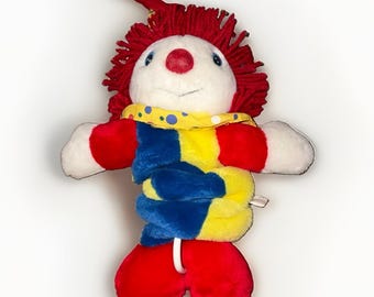 Vtg Clown Baby Crib Pull Toy 18" Musical Plush Primary Colors - Works!