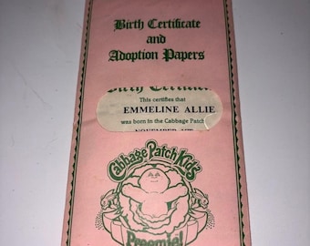 vintage 1980s Cabbage Patch Kids Preemie Birth Certificate and Adoption Paper