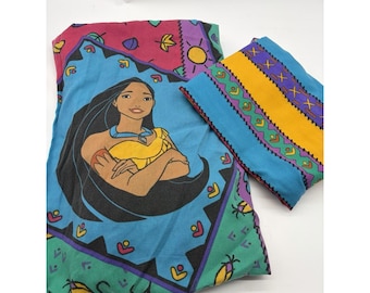 Juego de sábanas vintage de Disney de los 90 de Pocahontas, individual, ajustable y plana, raro, patchwork multicolor.
