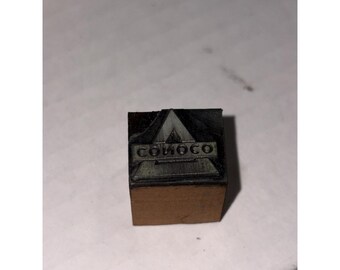 Bloque de imprenta antiguo de la década de 1930 de CONOCO Oil Co., madera y metal, sello de gasolina.