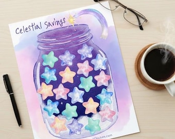 Celestial Savings Printable: Watercolor Money Jar | 8.5x11 PDF | Savings Tracker | Planner Printable