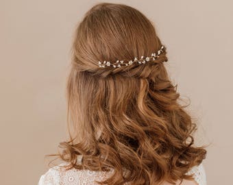 Oro Floral Medio Cabello de Boda Enredadera, Novia Cabello Floral Enredadera, Perla Boda Vid