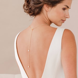 Pearl back drop necklace • Gold pearl back necklace • Pearl bridal back drop necklace • Pearl lariat