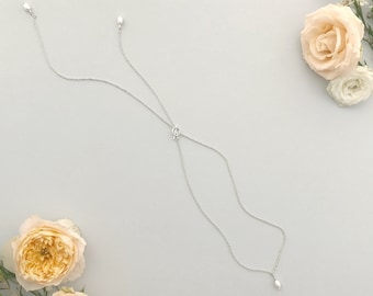 Pearl back drop necklace • Silver pearl back necklace • Pearl bridal back drop necklace • Pearl lariat • Silver lariat