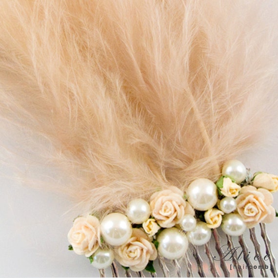 Items similar to Alice- feather, rose & pearl hair comb on Etsy