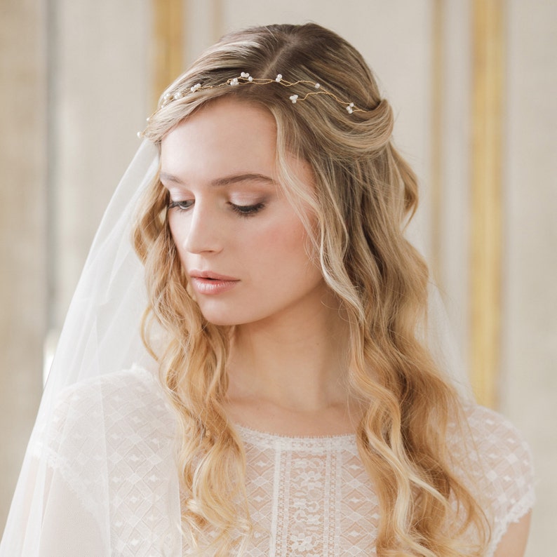 Gold Pearl Wedding Hair Vine Bridal Wire Wrap Hair Vine Etsy