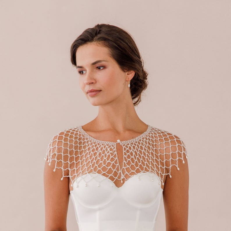 Hand beaded silver capelet \u2022 Hand beaded cover up \u2022 Silver capelet \u2022 Wedding cape \u2022 Bridal wrap \u2022 Silver and pearl bridal cape