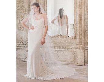 Handcrafted Cut Edge Wedding Veil: Two Tier Bridal Veil with Blusher