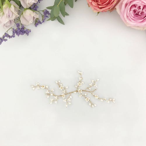 Gold floral pearl medium multipiece medium vine, Bridal Flower shops Medium Hair Vine, Flower Wedding Vine